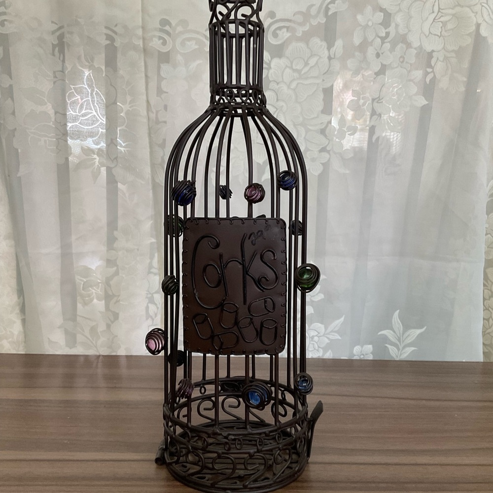 Decorative Bronze Metal Wine Cork Holder w/Colorful Beads, 14” High. EUC